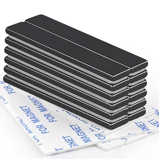 TRYMAG Strong Neodymium Black Magnets Bar, 12 Pack Powerful Rare Earth Magnets with Double-Sided Adhesive, Waterproof Black Magnetic Magnet Strips Heavy Duty for Kitchen, DIY, Office - 60 x 10 x 3 mm