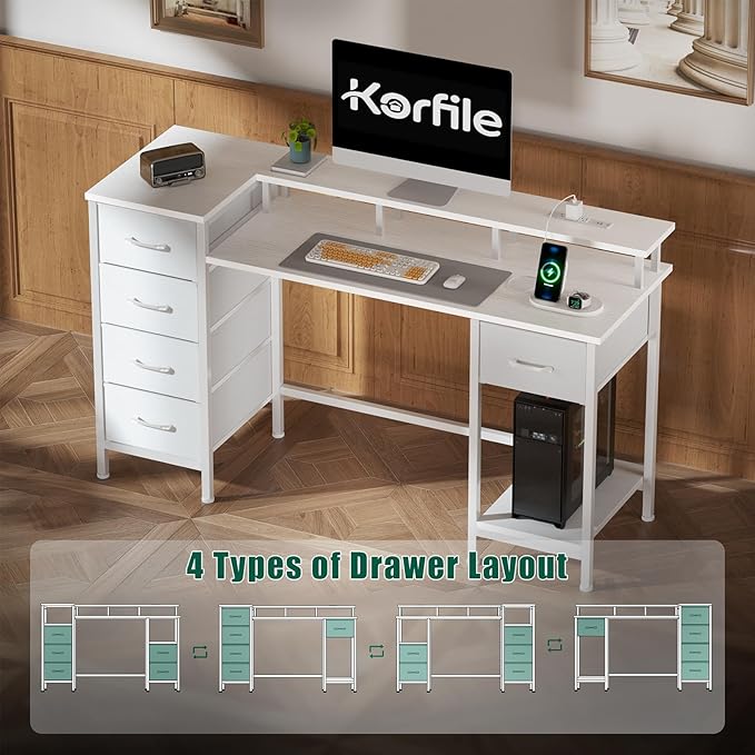 Korfile 55 Inch Gaming Desk with Power Outlets and LED Lights, Reversible Computer Desk with 5 Fabric Storage Drawers, Home Office Desk with Monitor Stand for Working Writing Study, White