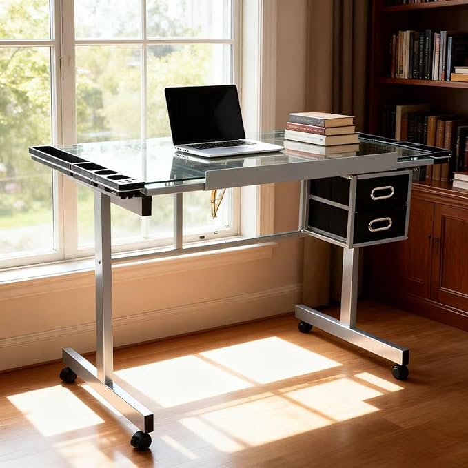 ZENY Drafting Table on Wheels with Storage Drawers, Adjustable Glass Tabletop, Craft Table Drawing Desk Artist Hobby Table for Painting, Drawing, Crafting