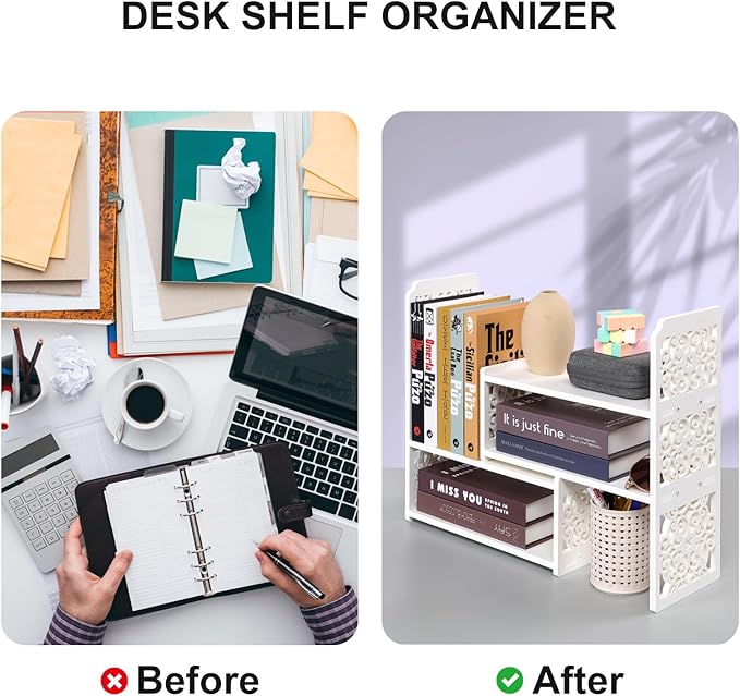 EARTHSON Desk Organizer Shelf, Expandable Bookshelf for Desk, Small Desktop Bookshelf, Mini Cute White Adjustable Office Desk Shelves