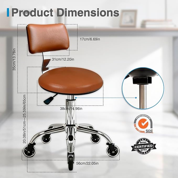 Rolling Stool Chair with Wheels, Office Drafting Chair with Back Support, Height Adjustable Standing Desk Stool with PU Leather Cushion for Home Office Kitchen Vanity Spa Garage Tattoo Dentist(Camel)