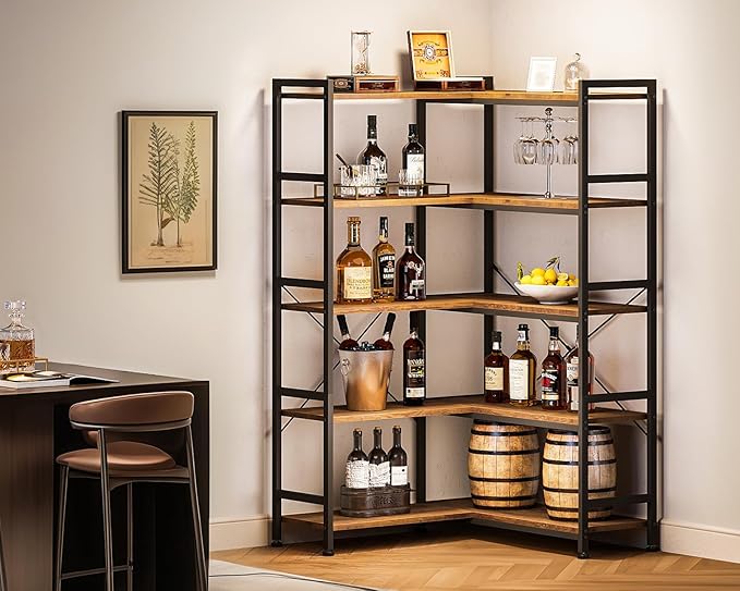 Casaottima Corner Book Shelf, 5 Tier Reversible Bookshelf for Living Room, Industrial Wooden Bookcase with Open Shelves and Metal Frame for Bedroom, Home Office, Kitchen, Vintage