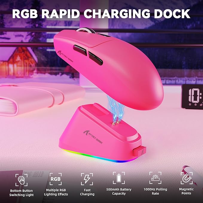 ATTACK SHARK G3 Pro Wireless Gaming Mouse with Magnetic Charging Dock,PixArt PAW3311 Gaming Sensor,BT/2.4G Wireless/Wired Gaming Mouse,25000 DPI,59g Superlight Gamer Mice for PC/Win/PS/Mac(Rose)