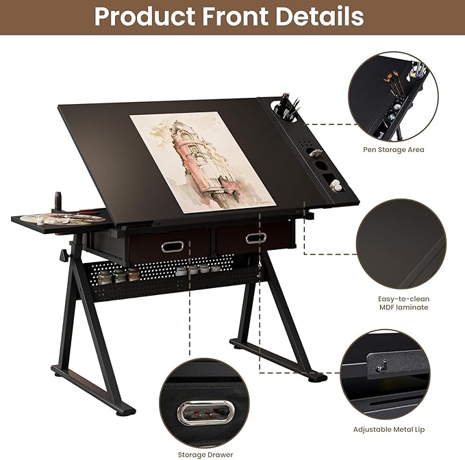 Drafting Table with Stool, Height Adjustable Drawing Table Art Table Painting Table Art Craft Desk with 0-75° Tilting Tabletop and Storage Drawers, Black