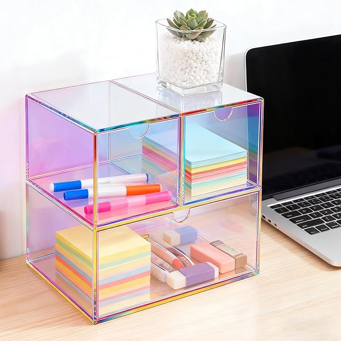 Gelite Desk Organizer with 3 Storage Drawers for Makeup Office Acrylic Desktop Drawer Organizer for Vanity Office Organization and Storage Box, Iridescent
