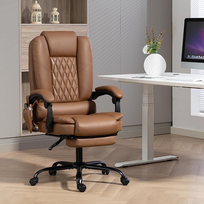 6-Point Heated Massage Office Chair with Footrest, Ergonomic Home Desk Chair with Lumbar Support, Executive High Back PU Leather Computer Chair with Armrest & Reclining, Brown