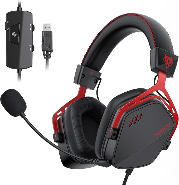 NUBWO HG03 USB-A Gaming Headset with 7.1 Surround and FPS Sound, Wired Headphones with Noise Canceling Mic, Comfortable Design for PC, Laptop - Black Red