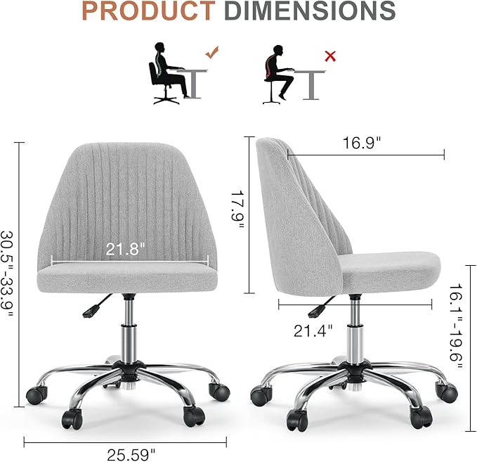 DUMOS Office Chair, Comfy Desk Chair Rolling Vanity Swivel Task Chairs with Wheels, Wide Seating Armless Height Adjustable Computer Chairs for Home,Bedroom,Student,Adults, Classic Grey