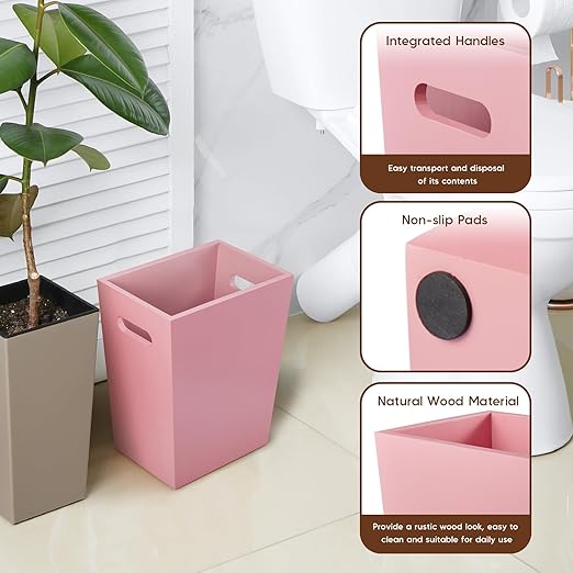 Small Trash Can Wastebasket, 2 Gallon Wooden Waste Basket with Handles, Rectangular Garbage Can Trash Basket for Pink Bathroom, Living Room, Office, Kitchen, Laundry Room Decor and Accessories