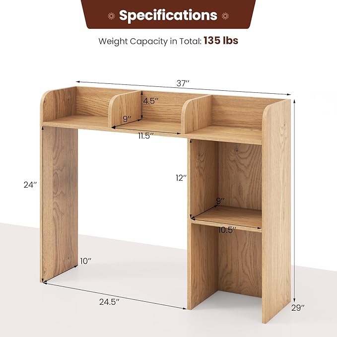 Desktop Bookshelf, 3-Tier Desk Hutch Shelf with 5 Display Rack for Computer Desk, Desk Organizer Shelves for Top of Desk, Dorm, Home, Office (Natural)
