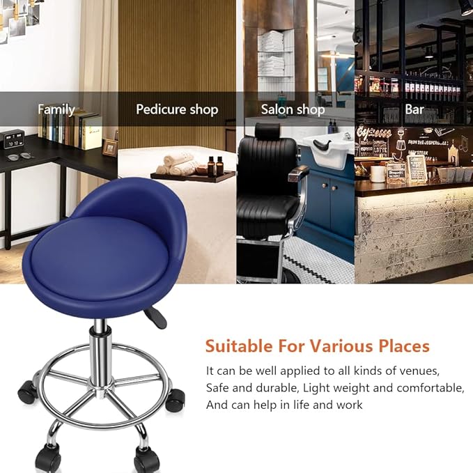 KKTONER PU Leather Round Rolling Stool with Foot Rest Height Adjustable Swivel Drafting Work SPA Task Chair with Wheels (Blue)