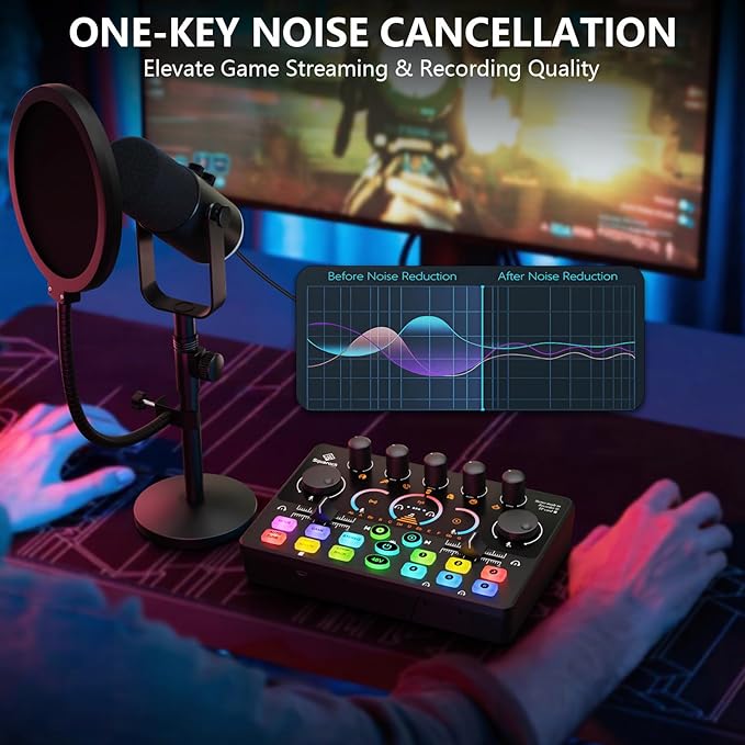 Podcast Equipment Bundle, Dynamic XLR/USB Gaming Microphone & Streaming Audio Mixer with RGB Lights, Perfect for Podcast, Recording, Video Vocal, PC