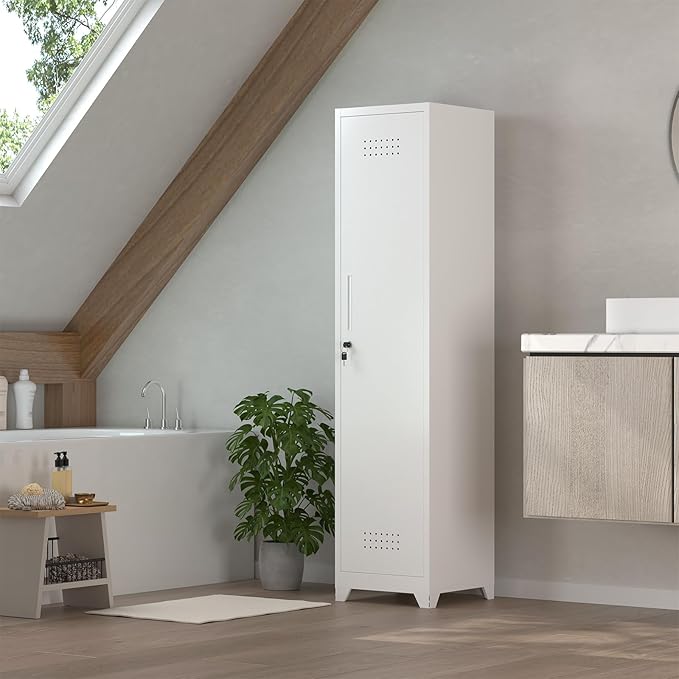 IRONFFICE Storage Cabinets with Lock,Slim Broom Closet Storage Cabinet with Doors and Shelves,Tall White Cabinet for Small Spaces,Laundry Room Cabinet for Home Office,Gym