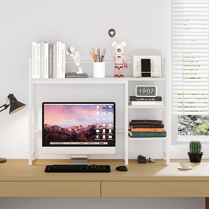 38.6" Book Shelf with 3 Tier Open Shelves Bookshelf and Desk Shelf to Combined for Computer Desks, Desk Hutch for Top of Desk, Bookcase for Dorm or Office, Adjustable Desktop Shelfs, White