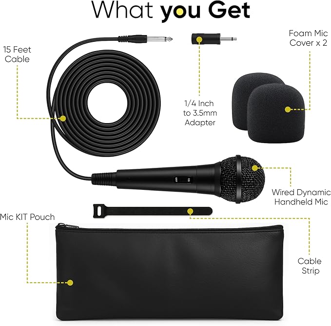 Bowens Wired Dynamic Microphone - Vocal Mic with 15ft Cable and 1/4-Inch to 3.5mm Adapter, Cardioid Karaoke Microphone for Singing, DJ, PA System, Podcasting, Public Speaking Microfono