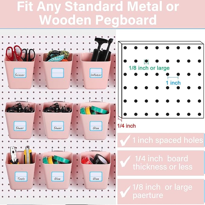 Namalu 12 Pack Pegboard Storage Bins with Labels and Hooks Bulk Peg Board Organizer Accessories Hanging Cup Organizer Pegboard Cup Holder (Pink)
