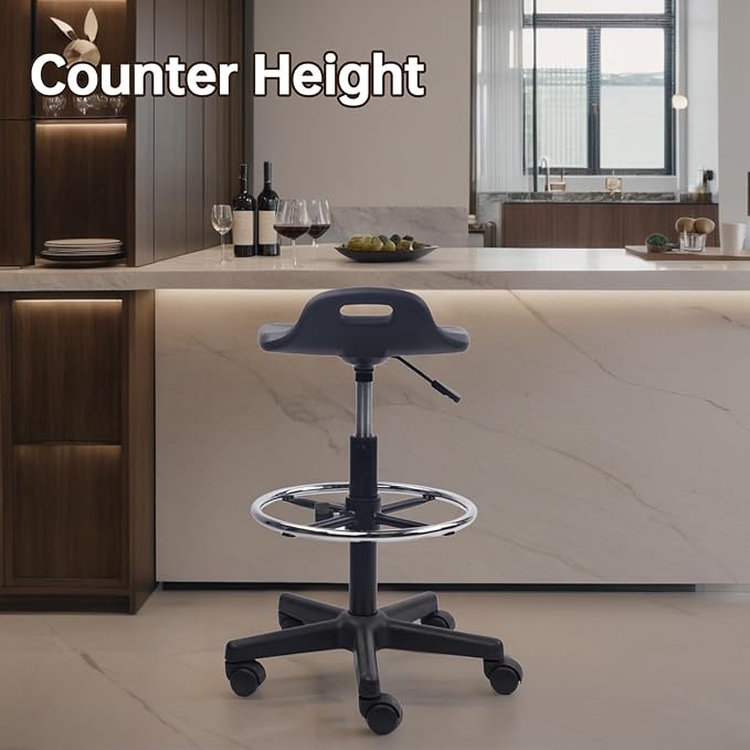 KLASIKA Adjustable Height Drafting Rolling Stool with Foot Rest Breathable Seat Cushion Swivel Chair, Multi-Purpose Work Stools for Nail Salon Office Bar Lab Counter Barber Kitchen Shop Black, 1PK
