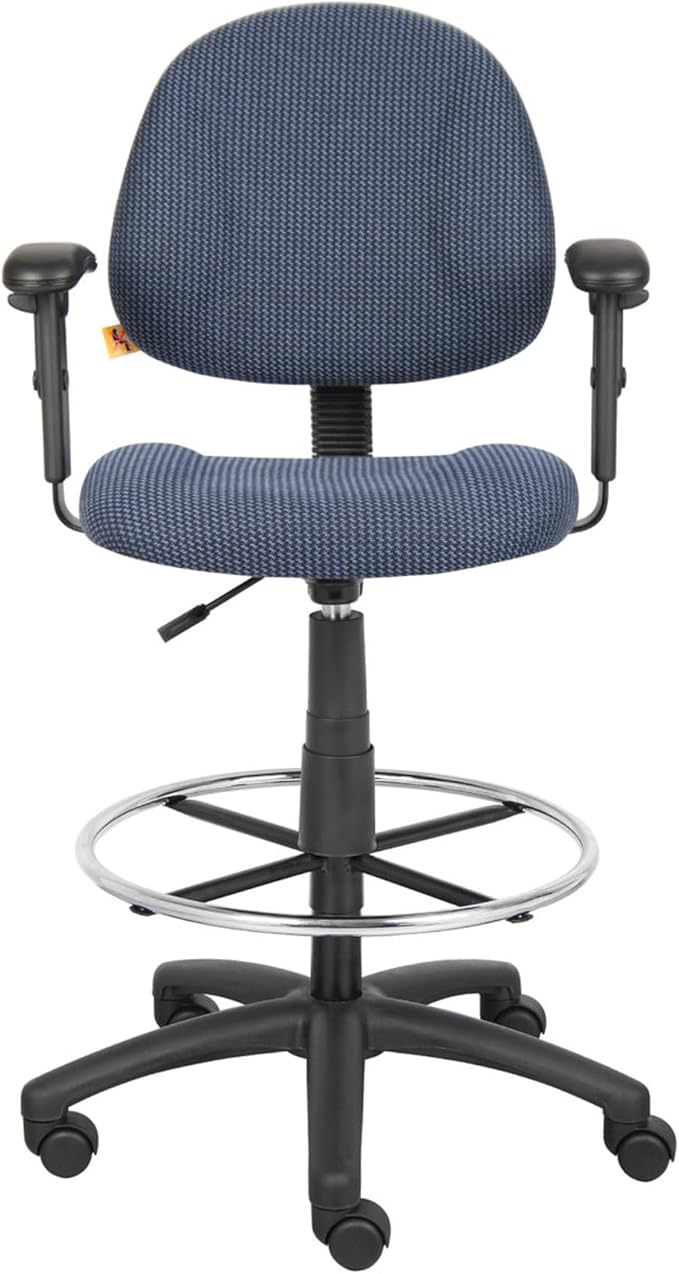 Benzara Jea Drafting Stool Chair, Adjustable Arms, Blue Tweed, Round Footring