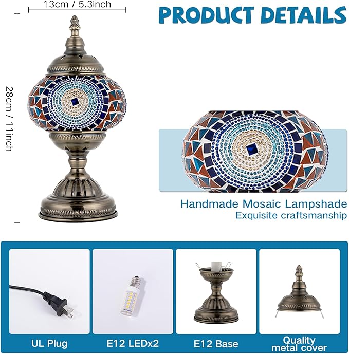 GOGERS Turkish Moroccan Table Lamp Lantern with Handmade Mosaic Glass Lampshade Tiffany Style Bohemian Stained Glass Decorative Desk Lamps Bedside Night Lights for Bedroom (Blue Colorful)