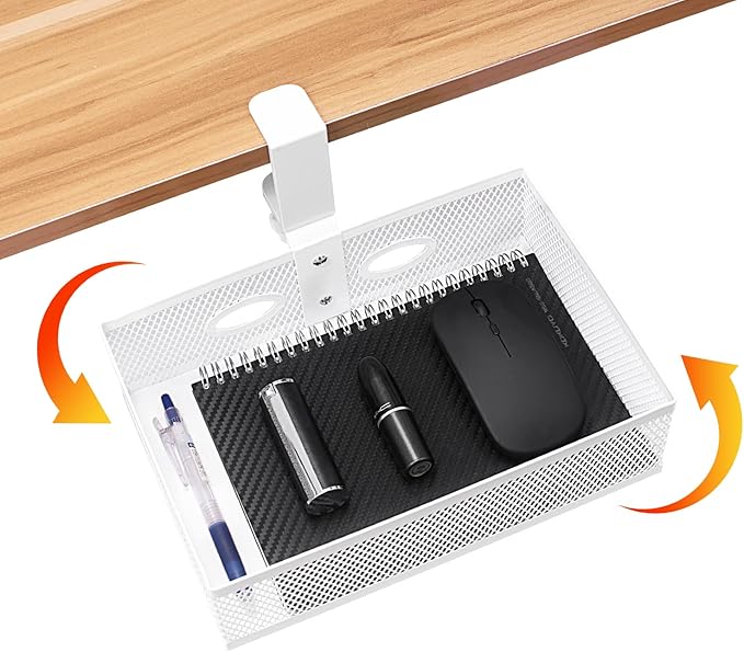 SNADYAH 【360 degree rotation under desk drawer Clamp-on Swivel Alloy Steel Drawer Hidden Desktop Organizer Pen Holder Easy to Instal/High capacity/desk drawer desk accessories (white)