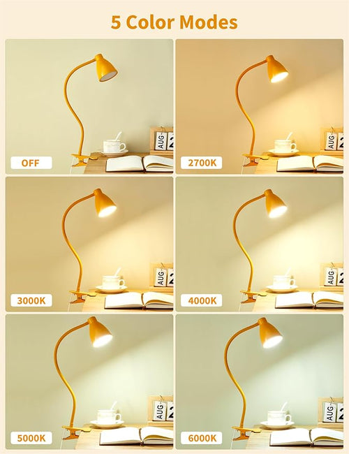 BOHON Clip on Light, 10W 38 LED Desk Lamp with Clamp, 5 Color 10 Brightness Auto Off Timer, Flexible Neck Clip Lamp, Desk Lights for Office Home Bed Bedside Reading, Bright Yellow