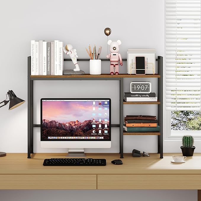 38.6" Desk Shelf with 3 Tier Open Shelves, Bookshelf and Deskshelf to Combined for Computer Desk, Desk Hutch for Top of Desk, Bookshef for Dorm or Office, Adjustable Shelf, Rustic Brown