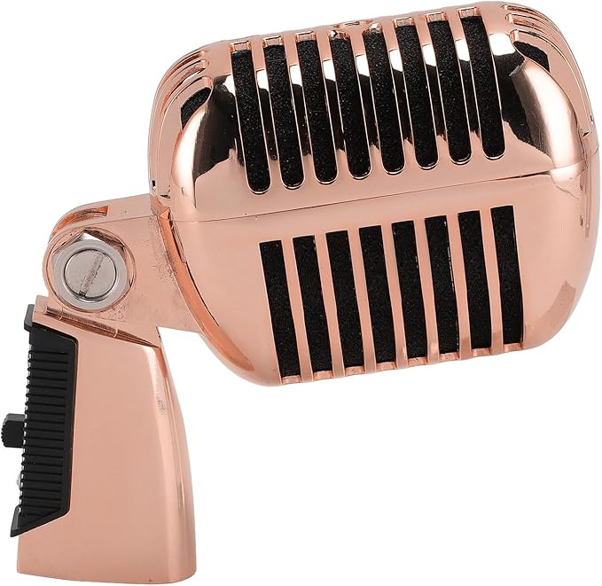 Classic Retro Microphone, Vintage Dynamic Microphone, Zinc Alloy Self Tensioning Rotating Rack, Unidirectional Cardioid Mic, Universal Stand Compatible (Rose Gold)