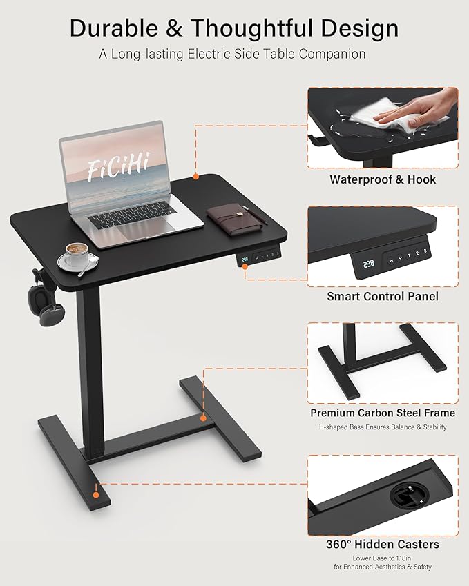 FiCiHi Electric Standing Desk with Wheels – Adjustable Height Mobile Sit-Stand Laptop Table, Portable Rolling Small Computer Workstation for Home Office & Bedside Use (28"x16", Black)