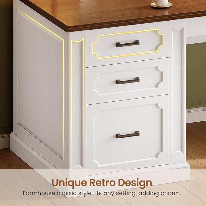 SEDETA Farmhouse 78.7" Executive L Shaped Desk with 6 Drawers, Home Office Desk with Power Outlet, File Cabinet Storage, Wood Corner Computer Desk for Work and Study, White