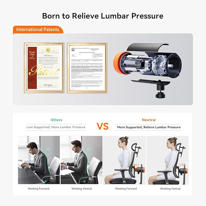 Newtral Ergonomic Office Chair - Home Office Desk Chair with Adaptive Lumbar Support, with Footrest, 4D Armrest, Adjustable Seat Depth & Height