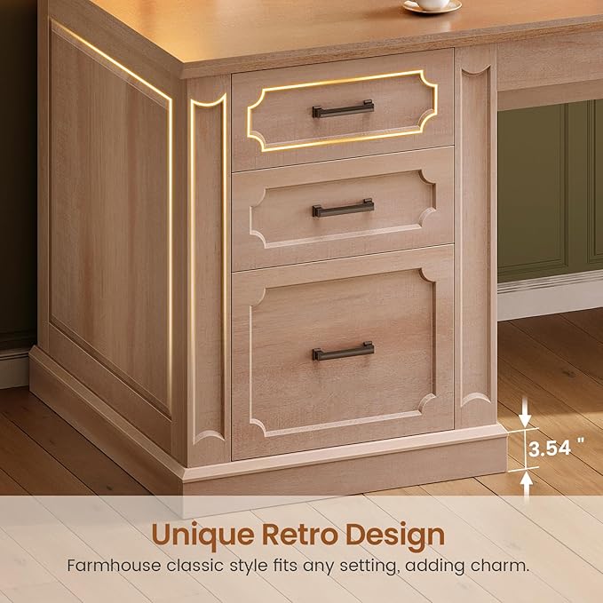SEDETA 67" Farmhouse Desk with Hutch, L Shaped Office Desk with 4 Drawers & Storage Cabinet, Executive Corner Computer Desk with Sliding Doors, File Drawer & Power Outlet for Home Office, Oak