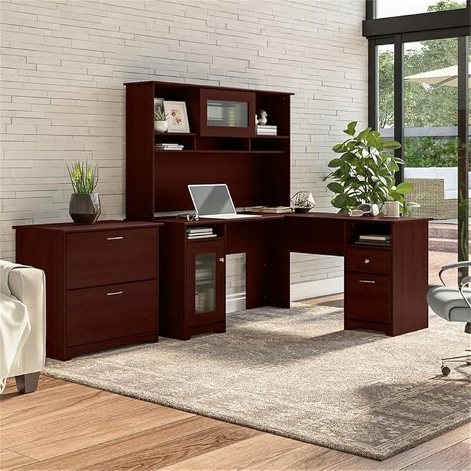Bush Furniture Cabot 60W L Shaped Computer Desk with Hutch and Lateral File Cabinet in Harvest Cherry