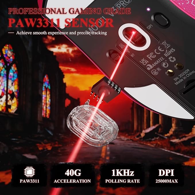 MAMBASNAKE Attack Shark V3 PRO 62g Superlight Wireless Gaming Mouse,RGB Charging Dock,BK52820 Tri-Mode BT/2.4G Wireless/Wired Mouse with Grip Tape,25000DPI,5 Programmable Buttons for Pc/Mac,Red PRO
