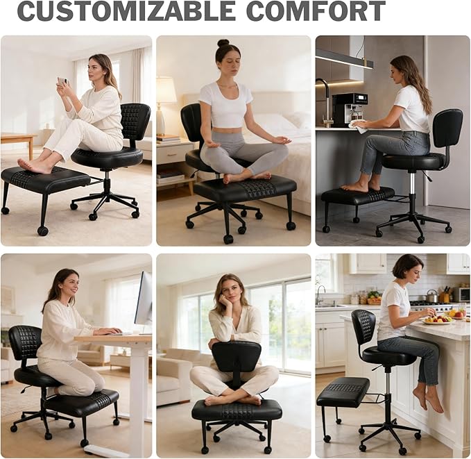 Ergonomic Cross Legged Office Chair with Footrest, 360° Swivel Height Adjustable PU Criss Cross Chair, Wide Seat & Back Support for Home Office, ADHD, Black