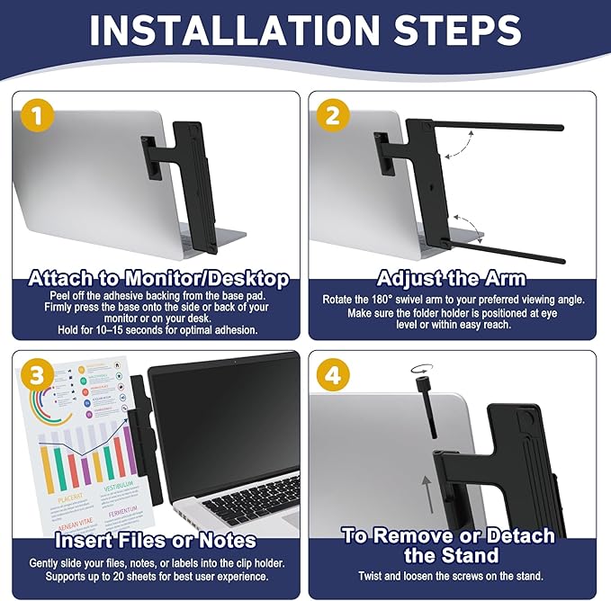 HAUTOCO Monitor Mount Document Clip, Document Holder for Typing Clips to Laptops & Monitors, Adjustable Removable Stand, Adhesive Mounts Left or Right, Holds Up to 20 Sheets for Recipes, Study, Office