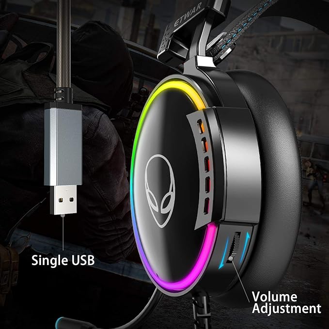 ETWAR EG100 USB Wired Gaming Headset for PC, 7.1 Surround Sound,Computer Headphones with Microphone/Mic Noise Cancelling, Video Gaming, RGB Flowing Light - for PS4, PS5,Laptop