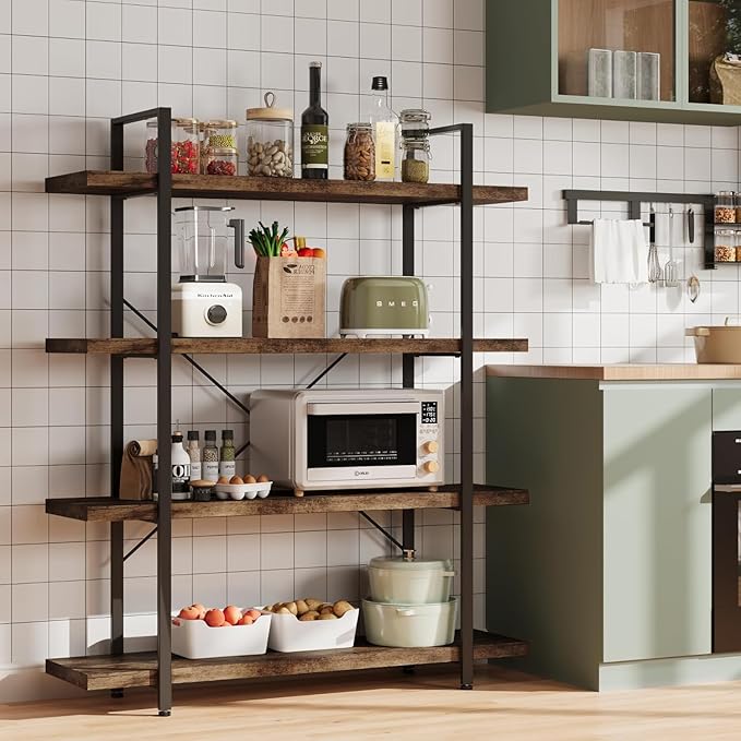 OtterOasis Bookshelf Set, Heavy Duty 4-Tier Industrial Bookcase, 47" Wide Wood Bookshelf for Home Office, 120lbs Shelf Capacity, Rustic Open Display with Horizontal Shelf for Living Room Bedroom