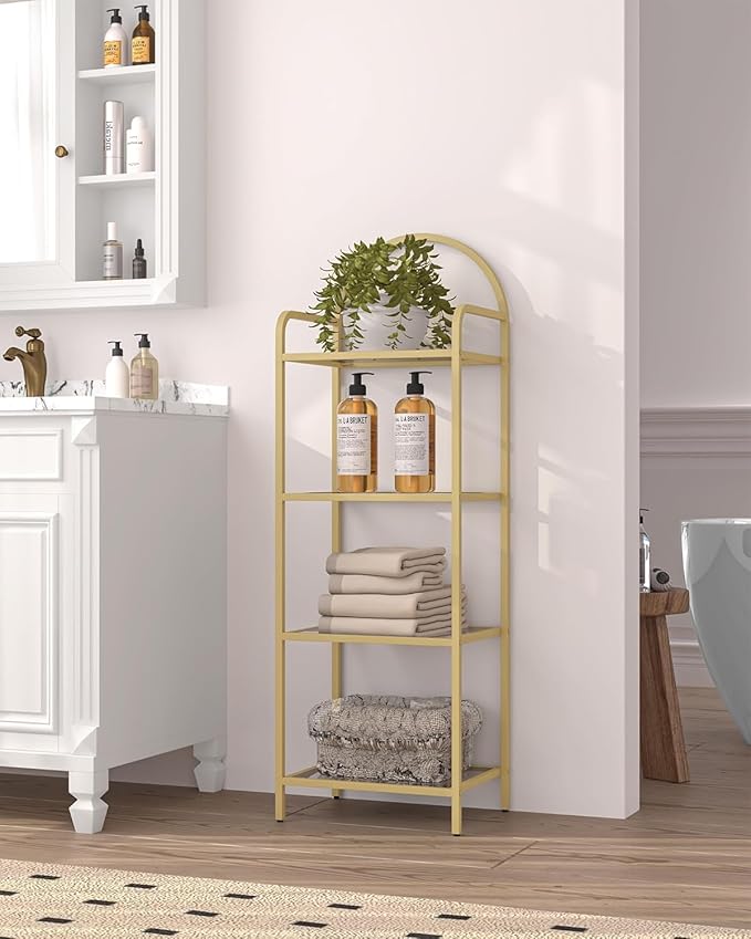 Hzuaneri Bookcase Bookshelf, Tempered Glass Bookshelves, Slim Shelving Unit for Bedroom, Bathroom, Home Office, Steel Frame, 4 Tier Gold BC04001G