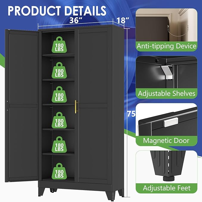 75" Metal Storage Cabinet with Adjustable Leveling Foot,Garage Storage Cabinets with 2 Doors and 5 Adjustable Shelves, Black Steel Cabinet for Office,Home,Garage (Widen)