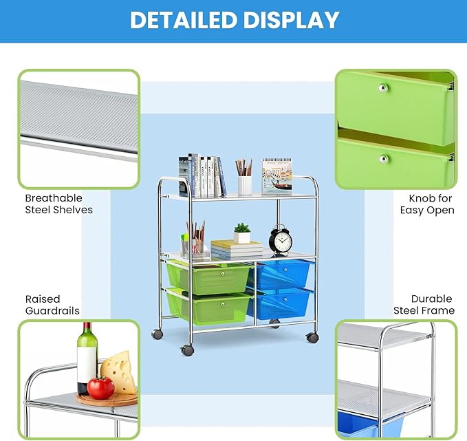 Moccha Rolling Storage Cart with 4 Drawers - Storage Drawers Organizer with wheels for Craft Art Supply Paper Salon, Scrapbook Paper Tools, Movable Utility Cart for Classroom School Studio, Green