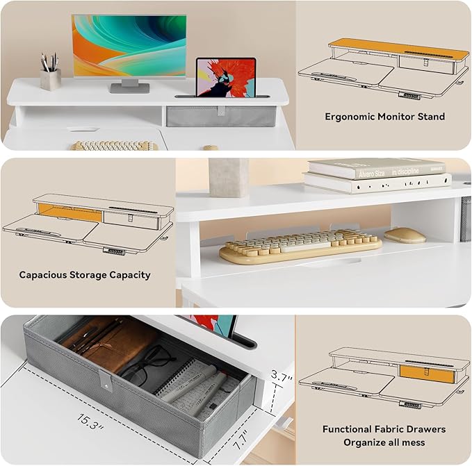 White Standing Desk，60° Tiltable Height Adjustable Electric Rising Desk，40Inch Foldable Mobile Laptop Table with Shelf,Monitor Stand, Drawer ,Flippable Drafting Workstation on Wheels for Kids’ Drawing