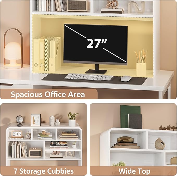 5-Tier Desk Shelf, 37.4''W Desktop Bookshelf for Computer Monitor, Desktop Organizer Shelf Storage Rack with 6 Cubbies, 5-Level Desk Hutch Display Rack for Home, Office, Dorm, Vanity, White