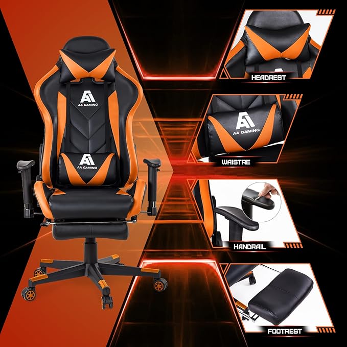 AA Products Gaming Chair High Back Ergonomic Computer Racing Chair Adjustable Office Chair with Footrest, Lumbar Support Swivel Chair - Orange