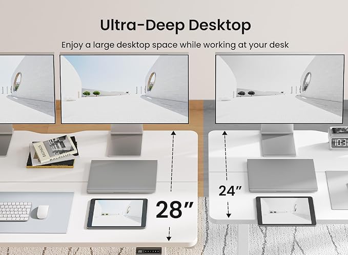 BANTI 63 × 28 Inches Standing Desk, Ergonomic, Electric Height Adjustable, Sit and Stand Up, Computer Desk with a Deeper Desktop, White Frame/Whitetop