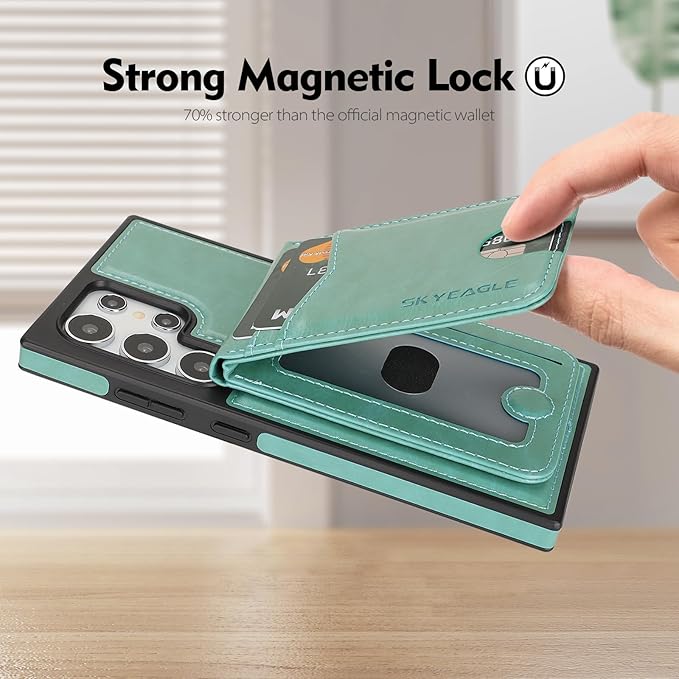 SkyEagle Compatible with Magsafe 2 in 1 Detachable Samsung Galaxy S25 Ultra Wallet Case with Card Holder,Women Men Magnetic PU Leather RFID Blocking Flip Kickstand Credit Slots,Blue Green