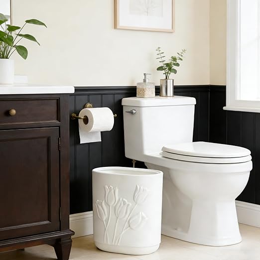 White Ceramic Tulips Small Bathroom Trash Can 2.6 Gal (10 Liter) - Heavy & Decorative Garbage Bin for Bathroom, Kitchen, Office, Bedroom & Living Room Corner
