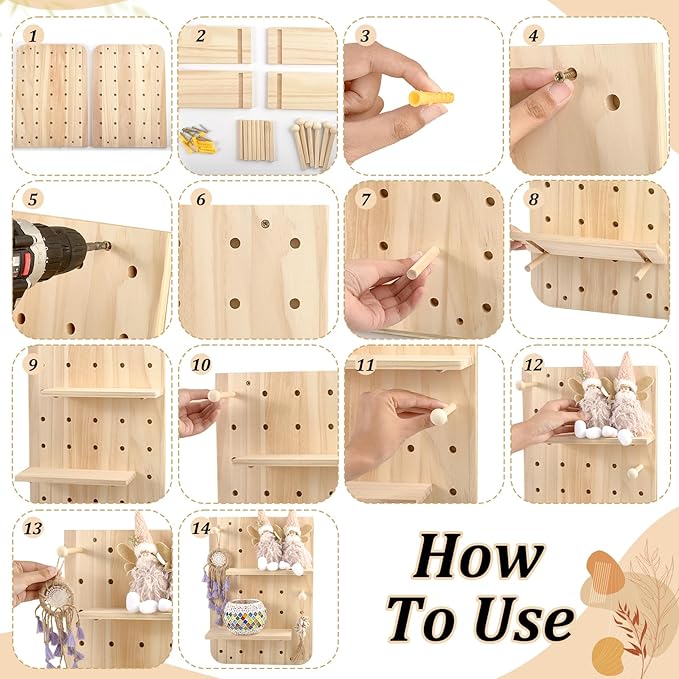 Wood Pegboard Wall Organizer Combination Kit, 2 Office Peg Board Panels with 18 Accessories, Modular Display DlY Storage Crafts Organization Wall Hooks Shelf for Bedroom Study Home