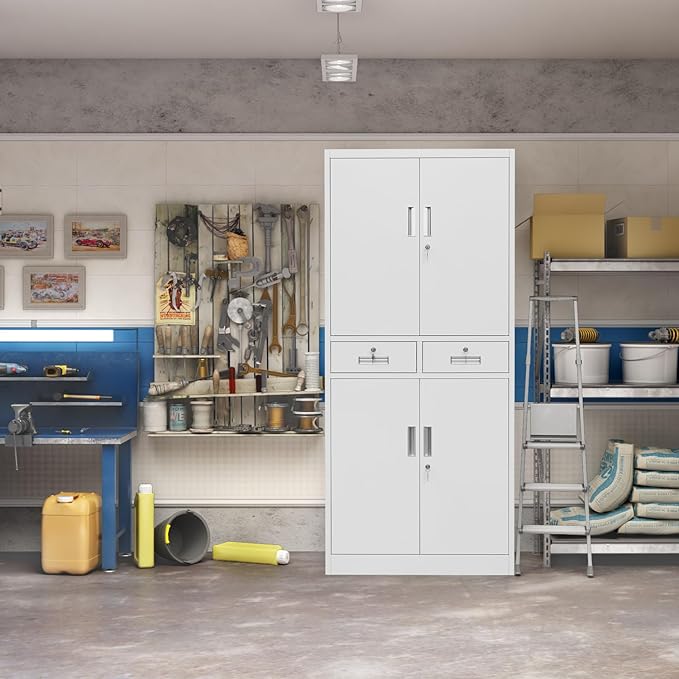 71" H Tall Metal Storage Cabinet with 2 Drawers, Metal Garage Storage Cabinet with Lock and 2 Adjustable Shelves for Home, Office, Garage, Warehouse Organize, White