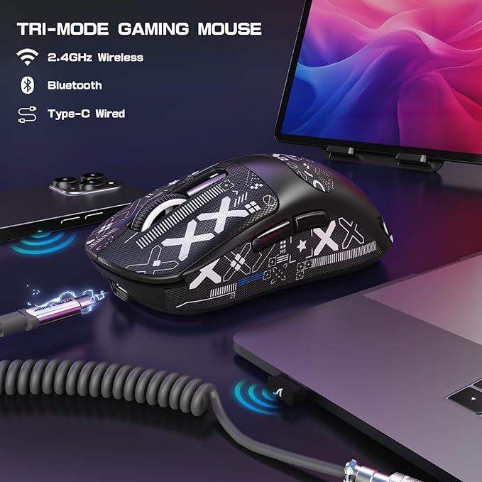 ATTACK SHARK X3MAX Wireless Gaming Mouse,PixArt PAW3950 Gaming Sensor,Up to 42K DPI,100 Million Micro,49g Lightweight Tri-Mode(BT5.2/2.4Ghz/Wired) Mice with Coiled Cable-Black&Tape