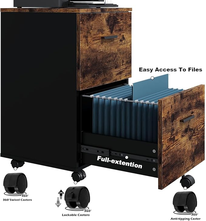 Panana 2 Drawer Mobile File Cabinet, Wood Rolling Filing Cabinet Printer Stand Under Desk Storage Organizer Fits Letter Size File Folders for Home Office (Wood)